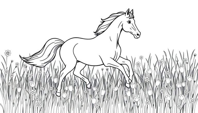 Una placa de color de un caballo blanco galopando en un campo de flores.
