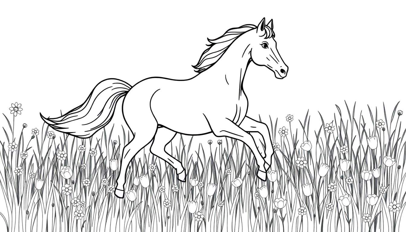 Una placa de color de un caballo blanco galopando en un campo de flores.