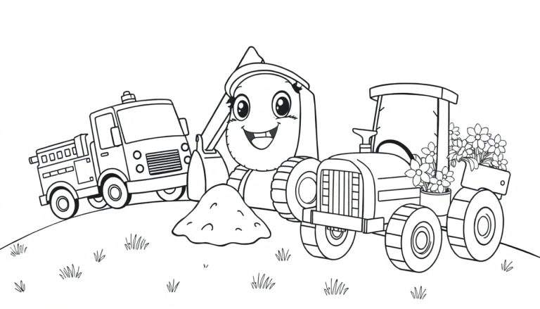 Página para colorear de vehículos de trabajo infantiles en una colina, incluyendo un camión de bomberos, una excavadora y un tractor, lista para colorear con placa de color.