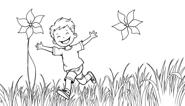 Placa de color: Un niño corriendo felizmente con un molinillo de viento en un campo ventoso.