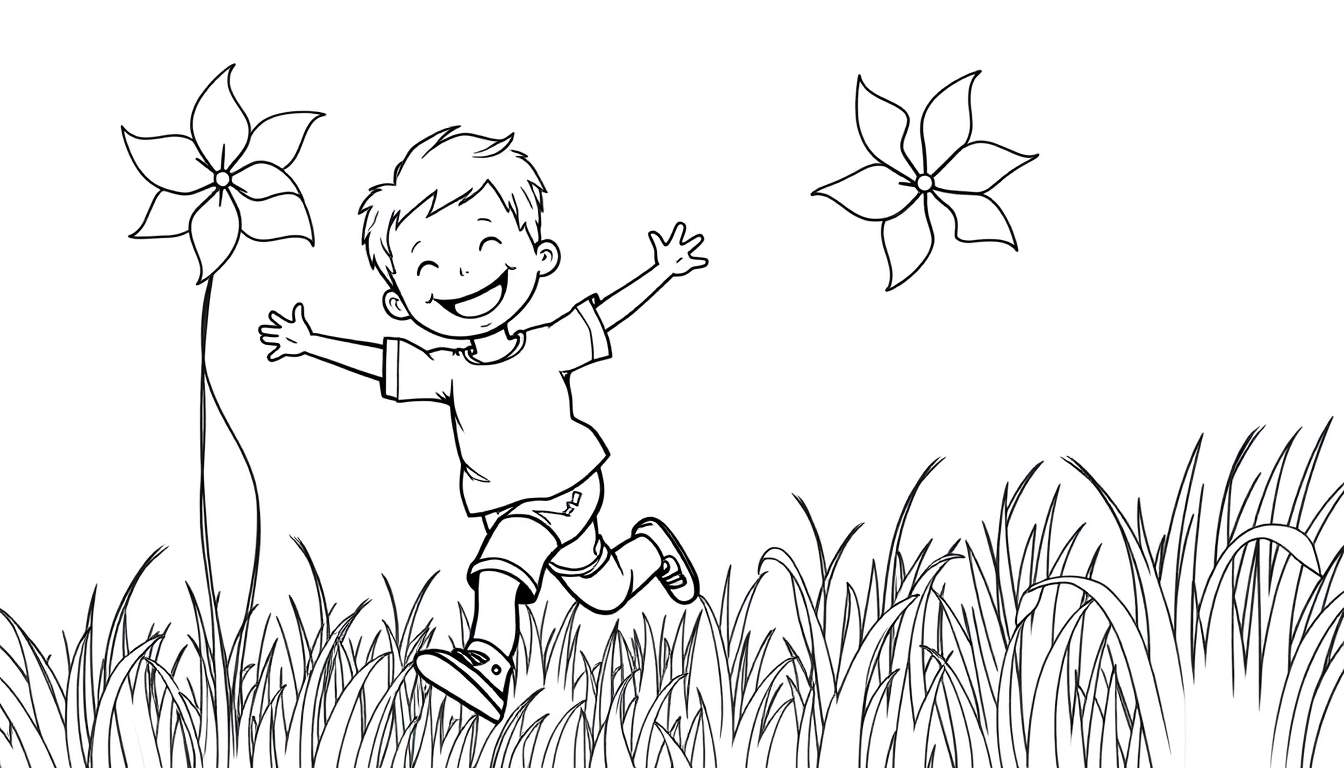 Placa de color: Un niño corriendo felizmente con un molinillo de viento en un campo ventoso.
