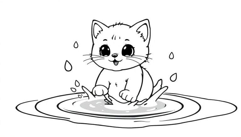 Placa de color de un gatito jugando en un charco.