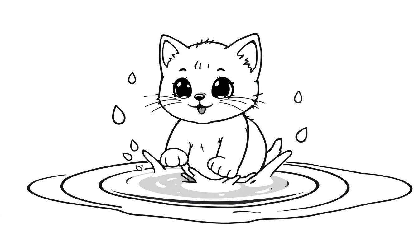 Placa de color de un gatito jugando en un charco.