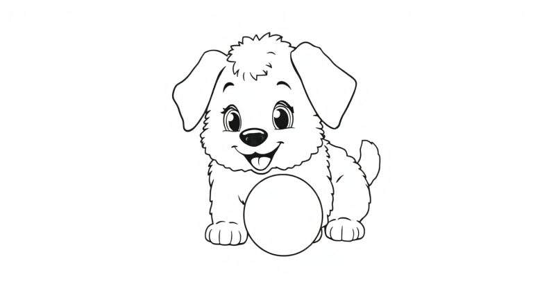 Placa de color de un cachorrito de dibujos animados sonriendo con una pelota.
