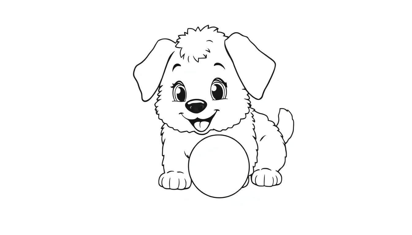 Placa de color de un cachorrito de dibujos animados sonriendo con una pelota.