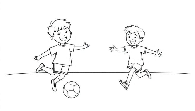 Placa de color: Niños jugando al fútbol, uno a punto de chutar. Líneas sencillas sobre fondo blanco.