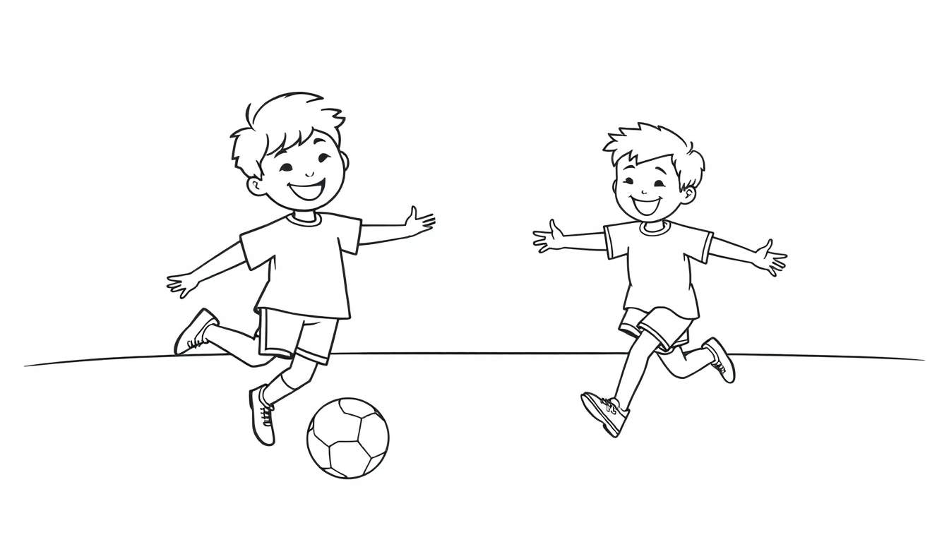 Placa de color: Niños jugando al fútbol, uno a punto de chutar. Líneas sencillas sobre fondo blanco.