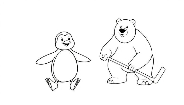 Placa de color de un pingüino patinando con un palo de hockey y un oso polar listo para marcar gol.