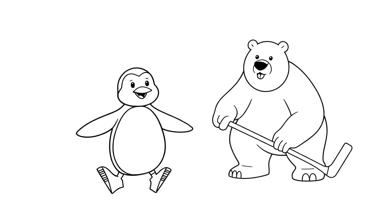 Placa de color de un pingüino patinando con un palo de hockey y un oso polar listo para marcar gol.