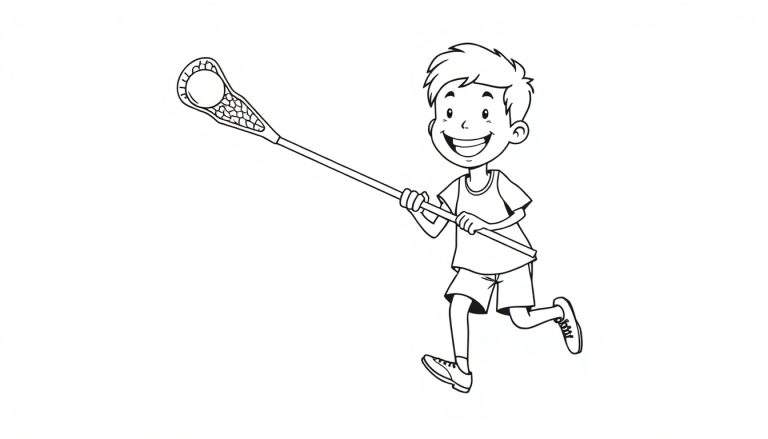 Una placa de color en blanco y negro de un niño con el pelo puntiagudo sonriendo y jugando al lacrosse.