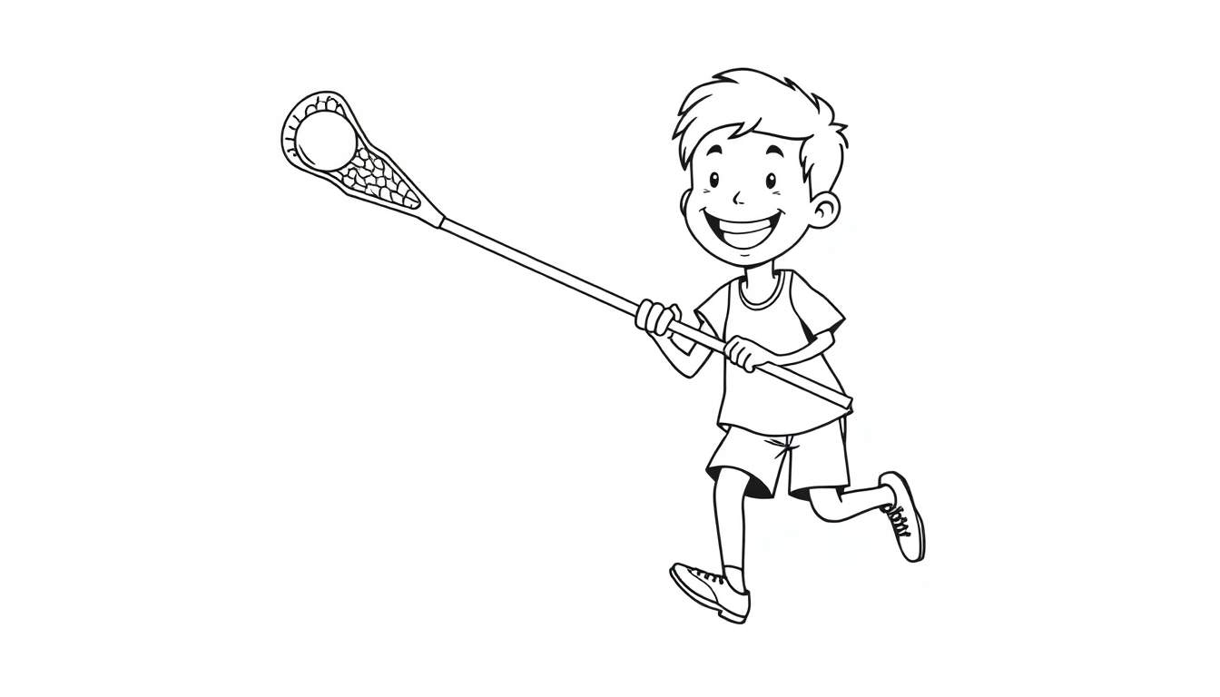 Una placa de color en blanco y negro de un niño con el pelo puntiagudo sonriendo y jugando al lacrosse.