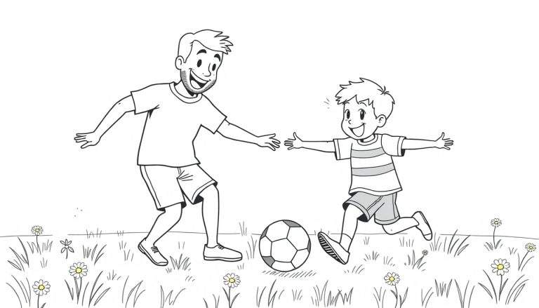 Placa de color de un padre y un hijo pateando un balón de fútbol.