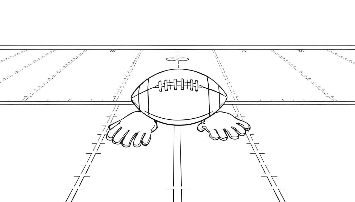 Una placa de color con un campo de fútbol americano, un balón y guantes para colorear.