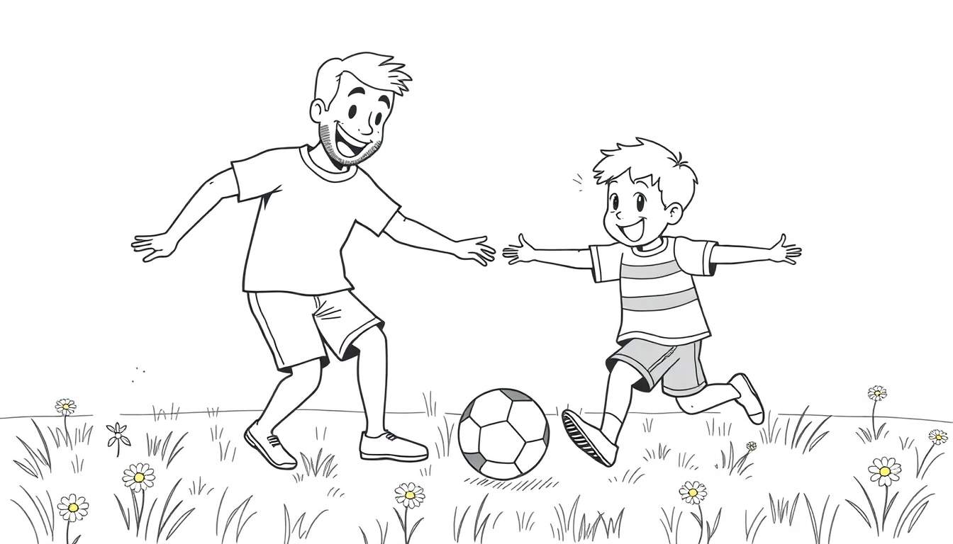 Placa de color de un padre y un hijo pateando un balón de fútbol.