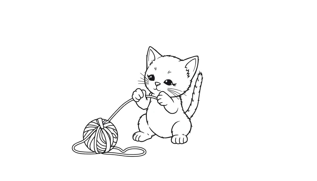Placa de color de un gatito tierno jugando con una bola de lana.