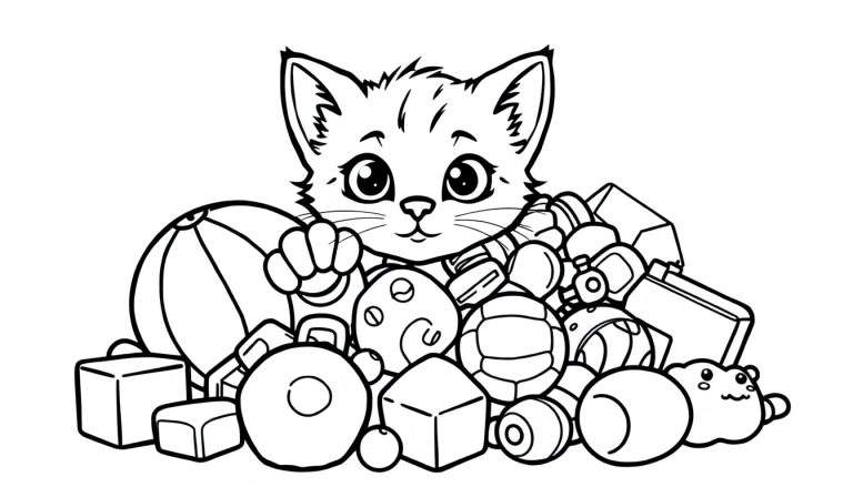 Placa de color: Gatito adorable explorando juguetes