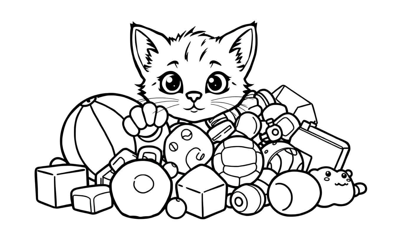 Placa de color: Gatito adorable explorando juguetes
