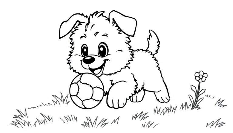 Placa de color: un cachorro tierno jugando con una pelota.