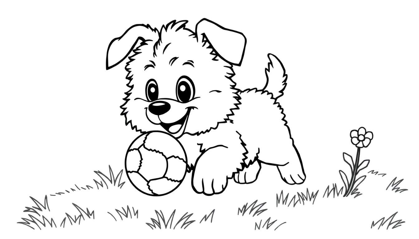 Placa de color: un cachorro tierno jugando con una pelota.