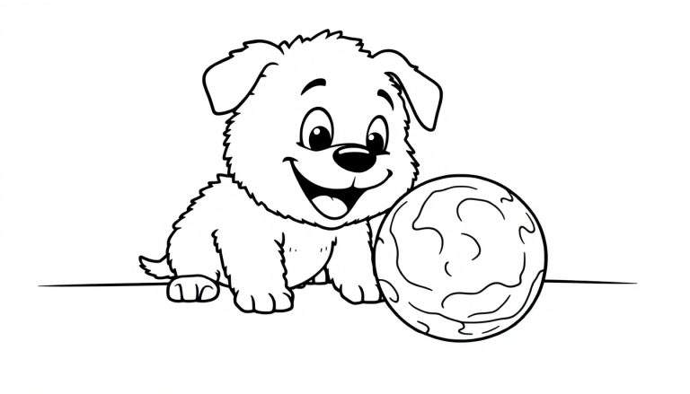 Placa de color de un cachorro feliz jugando con su pelota.