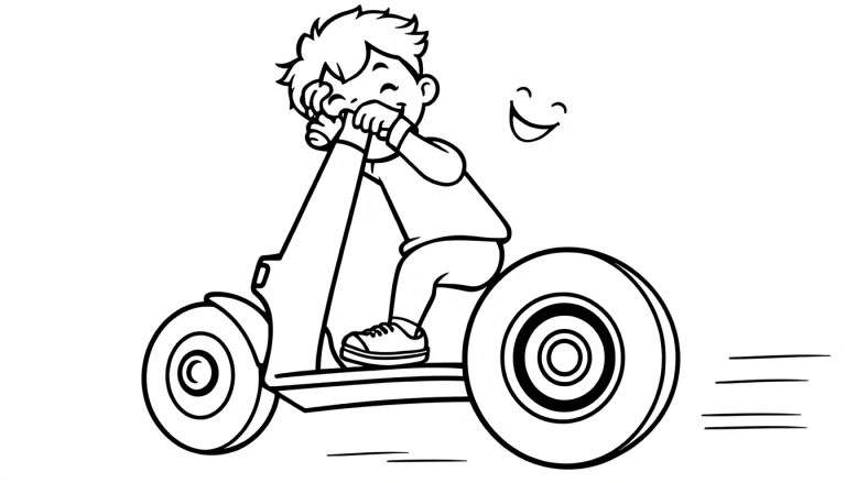 Dibujo en blanco y negro de un niño feliz en un patinete de ruedas grandes, listo para colorear como una placa de color.