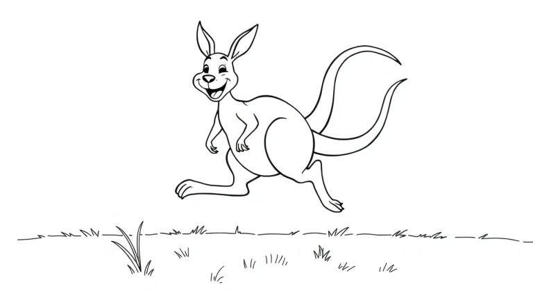 Un canguro de dibujos animados sonriente saltando sobre hierba, listo para colorear.