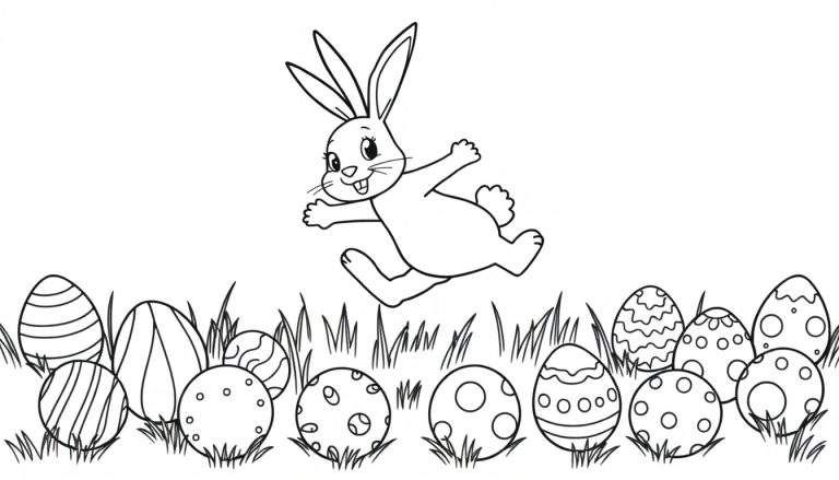 Placa de color: Un conejito de Pascua salta alegremente entre coloridos huevos de Pascua.