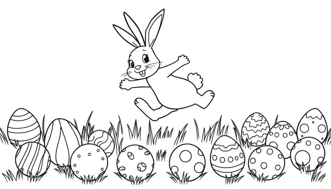 Placa de color: Un conejito de Pascua salta alegremente entre coloridos huevos de Pascua.