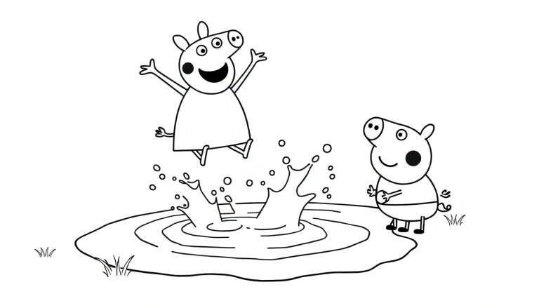 Placa de color de Peppa Pig saltando en un charco de barro.