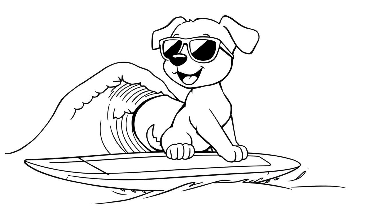 Placa de color: un perrito surfista con gafas de sol y lengua fuera, montado en una tabla de surf con una ola detrás.