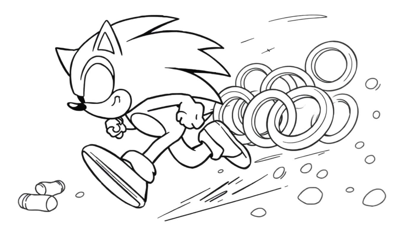 Placa de color: Sonic el Erizo corriendo velozmente con anillos dorados a su alrededor.