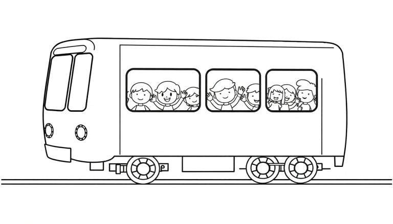 Una placa de color en blanco y negro de un tren de dibujos animados con niños sonriendo en las ventanas.