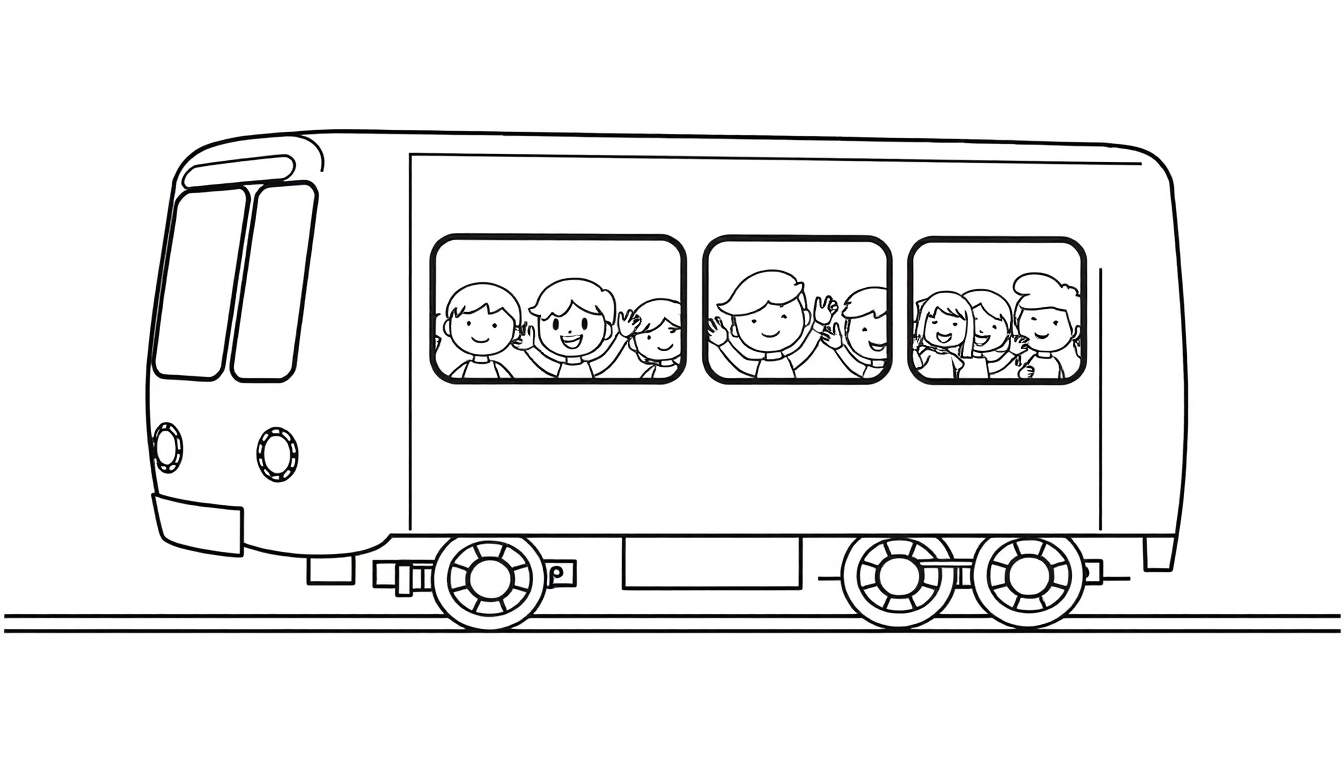 Una placa de color en blanco y negro de un tren de dibujos animados con niños sonriendo en las ventanas.