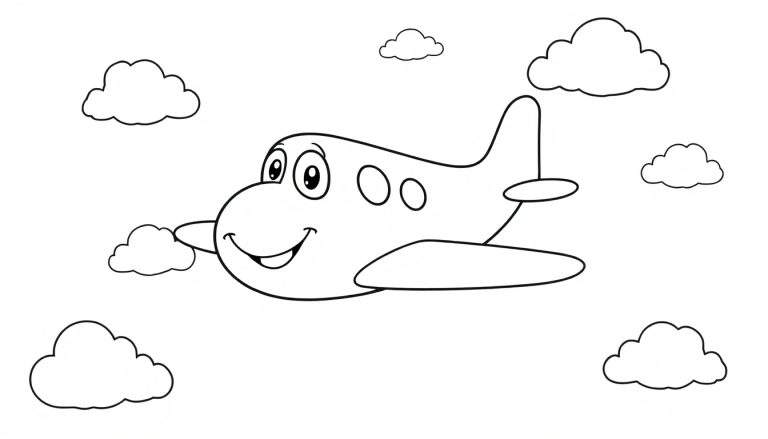 Un avión sonriente de dibujo animado volando entre nubes para colorear.