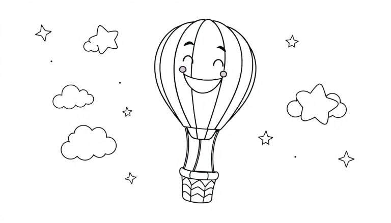 Placa de color: un globo aerostático sonriente con ojos cerrados y mejillas redondas, flotando entre estrellas y nubes. Dibujo lineal en blanco y negro.