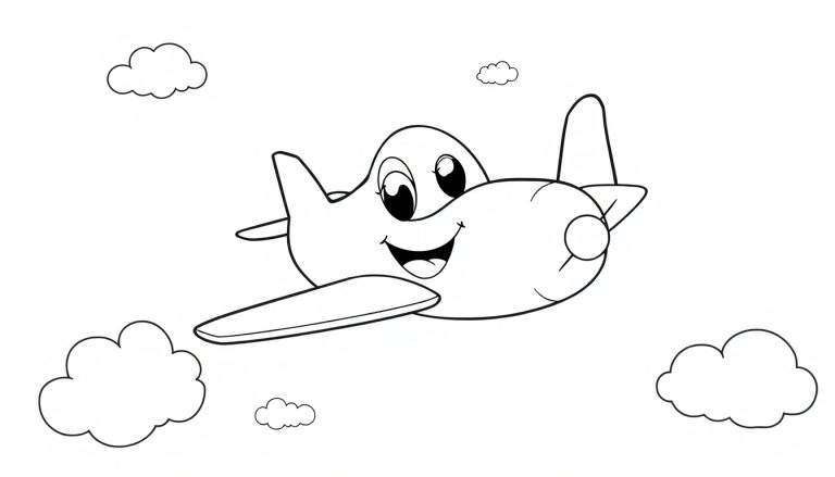 Un avión amigable de dibujos animados en blanco y negro con cara sonriente volando entre nubes para colorear, con una placa de color.