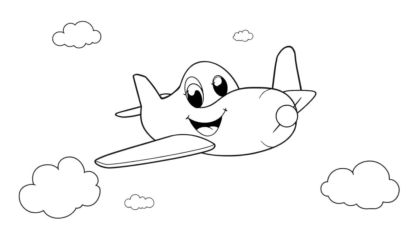 Un avión amigable de dibujos animados en blanco y negro con cara sonriente volando entre nubes para colorear, con una placa de color.