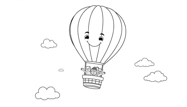 Un globo aerostático sonriente con pasajeros saludando, listo para colorear en una placa de color.