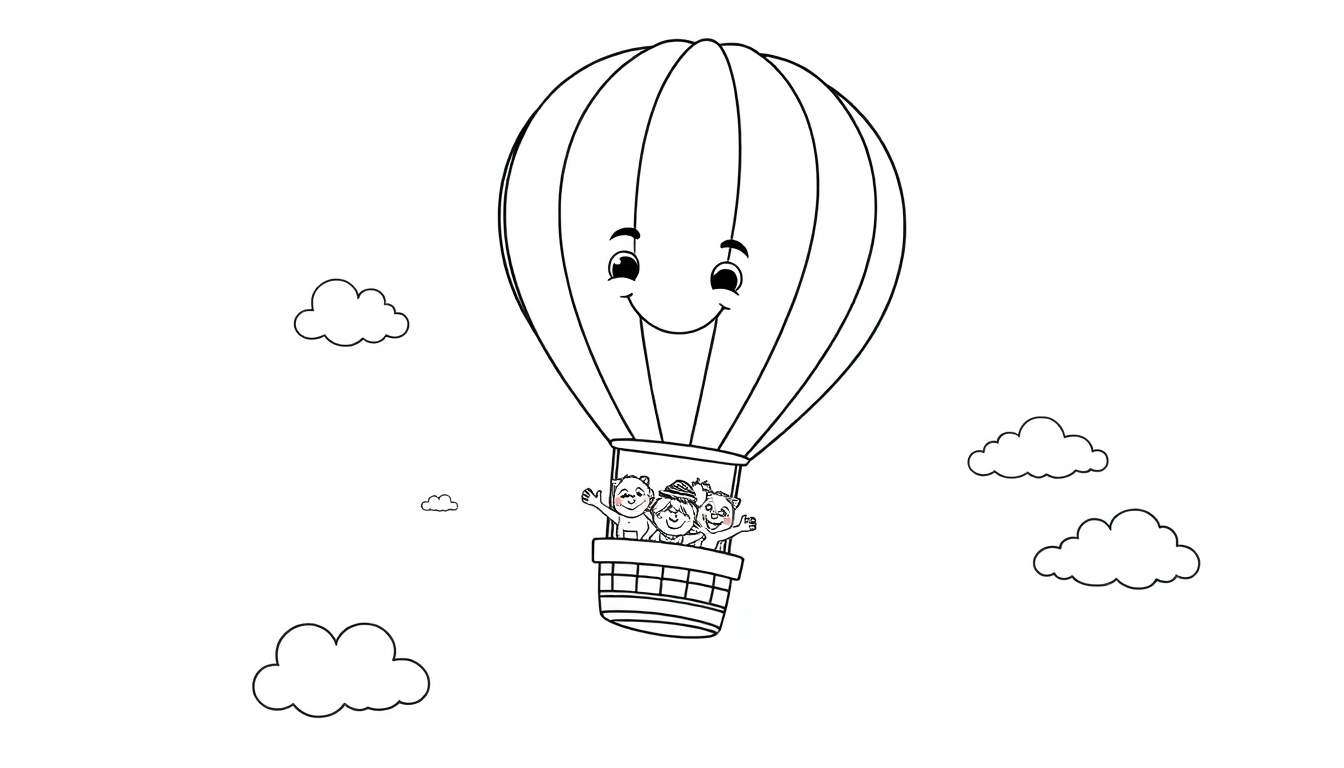 Un globo aerostático sonriente con pasajeros saludando, listo para colorear en una placa de color.
