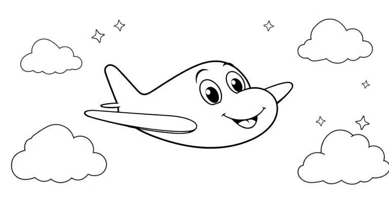 Un avión de dibujos animados sonriendo con alas y cola, rodeado de nubes y estrellas, listo para ser coloreado en esta placa de color.