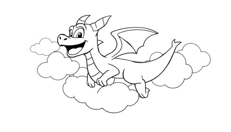 Placa de color: Un dragón de dibujos animados sonriente volando sobre nubes.