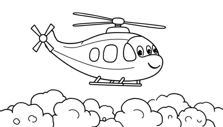 Placa de color de un helicóptero de dibujos animados amigable sobre nubes esponjosas.