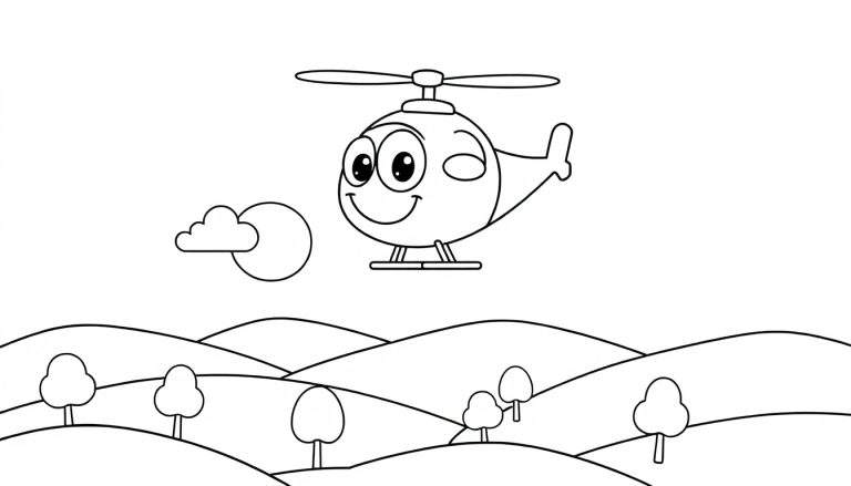 Placa de color para colorear de un helicóptero amigable volando sobre un paisaje de colinas con sol y nubes.