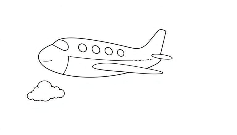 Placa de color de un avión amigable volando sobre una nube.