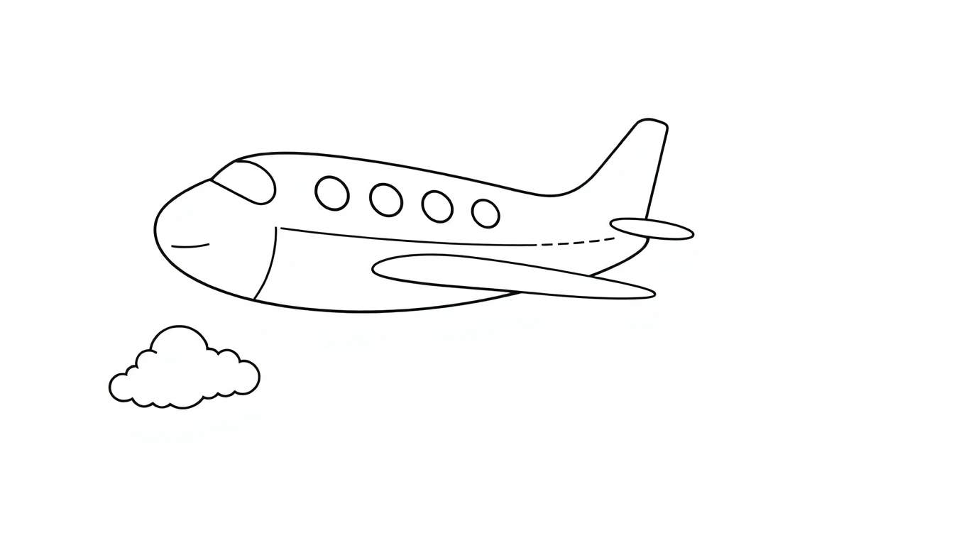 Placa de color de un avión amigable volando sobre una nube.