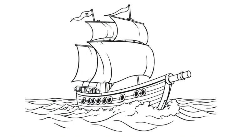 Placa de color de un barco pirata de dibujos animados en blanco y negro listo para colorear.