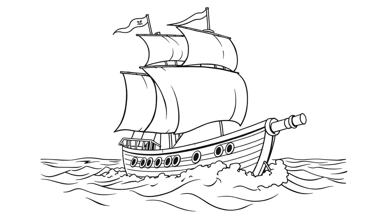 Placa de color de un barco pirata de dibujos animados en blanco y negro listo para colorear.