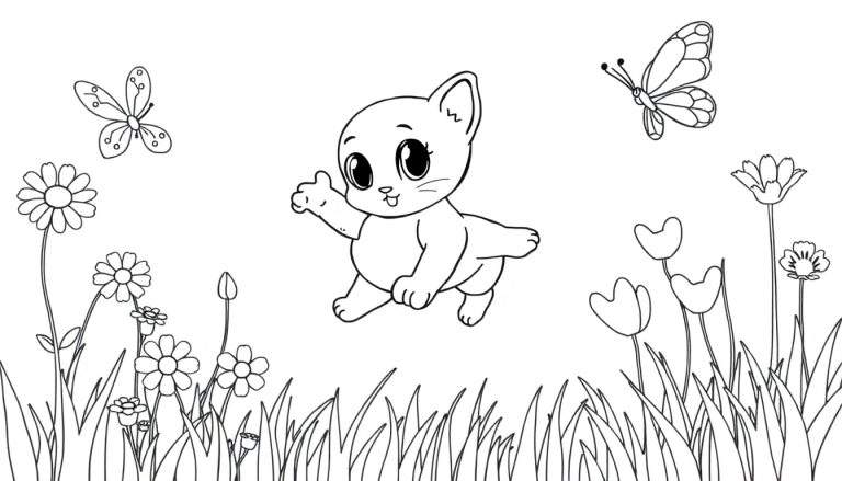 Placa de color de un gatito persiguiendo una mariposa en un campo de flores.