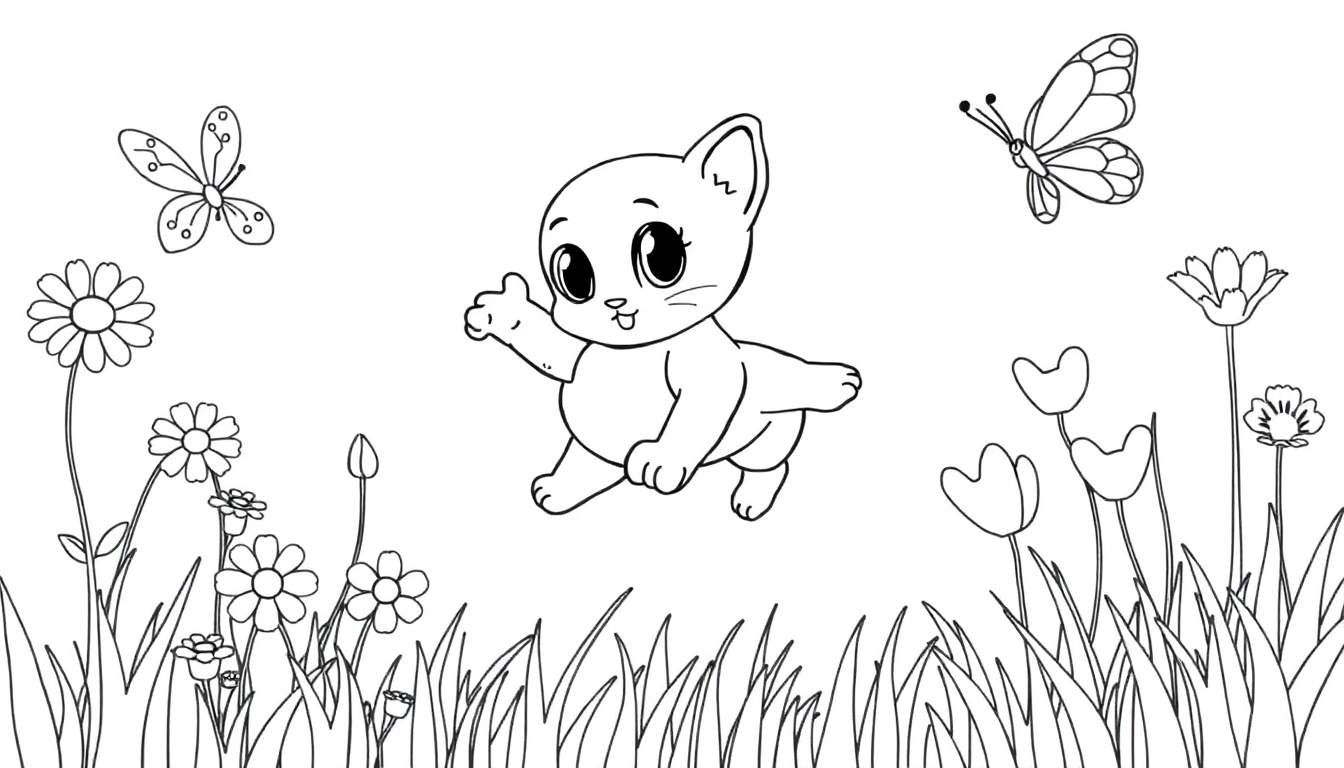 Placa de color de un gatito persiguiendo una mariposa en un campo de flores.