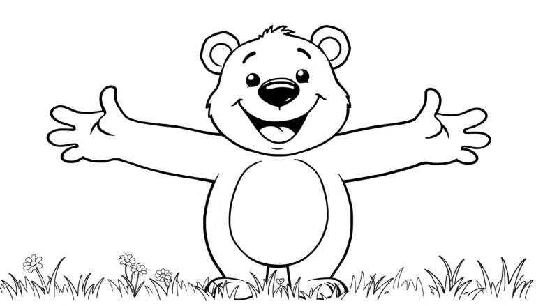 Placa de color: Oso de peluche amigable listo para colorear, con los brazos extendidos para dar un abrazo.